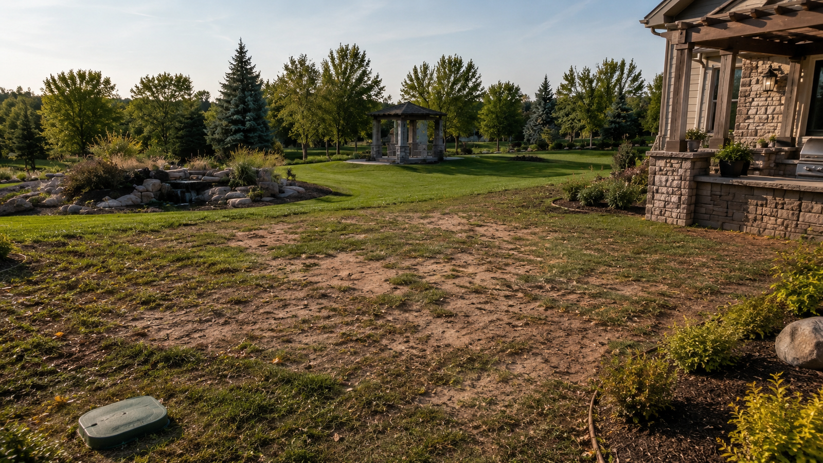 Overgrown backyard before patio installation