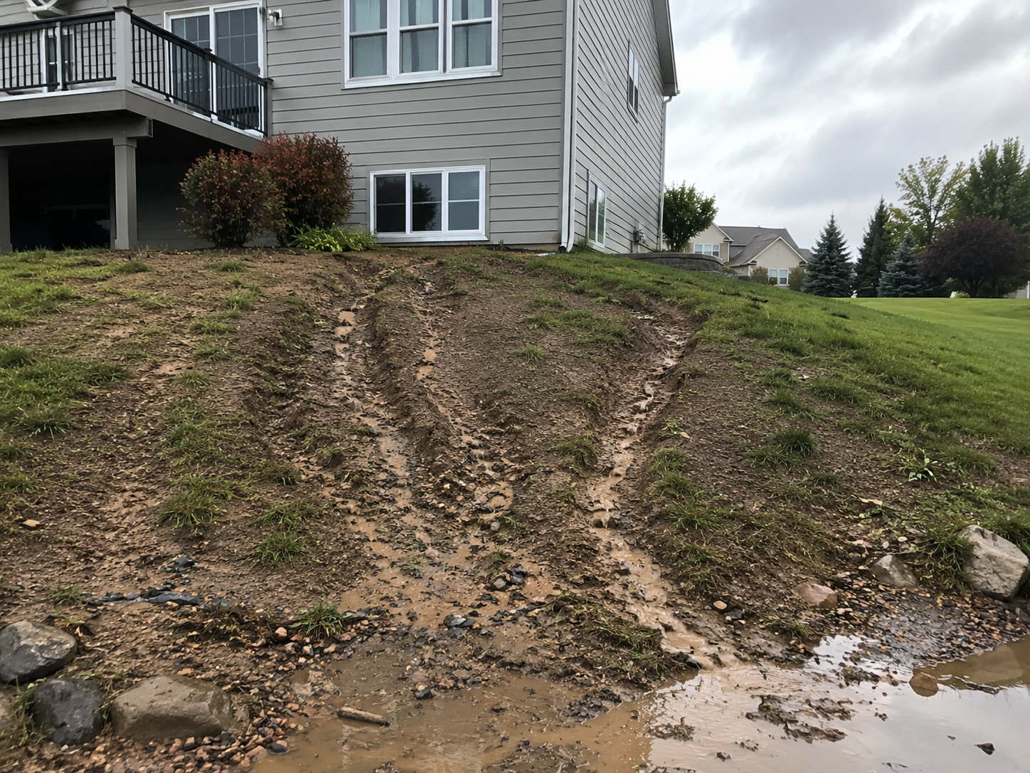 Eroded slope and drainage problem before retaining wall